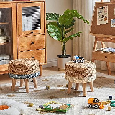 Seagrass Hand Woven Ottoman 12.6" Round Footrest Wood Frame Non-skid Natural White Boho Stool