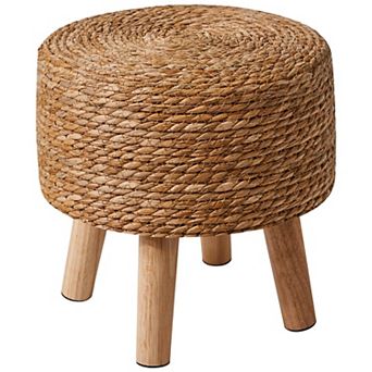 Seagrass Hand Woven Ottoman 12.6" Round Footrest Wood Frame Non-skid Natural White Boho Stool