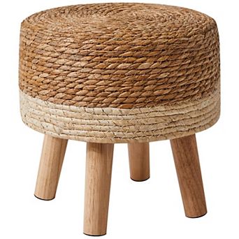 Seagrass Hand Woven Ottoman 12.6" Round Footrest Wood Frame Non-skid Natural White Boho Stool