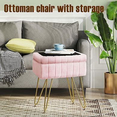 Plush ottoman with storage, padded seat, metal legs