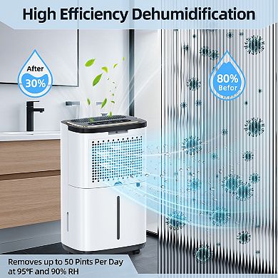 50 pt. 4500 sq.ft. Portable Dehumidifier in White, with Bucket, Drain Hose, 24H Timer, Child Lock