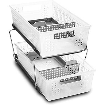 2 tier Under Sink Pull-Out Organizer with Adjustable Dividers, Sliding Baskets