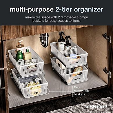 2-Tier Under Sink Pull-Out Organizer with Adjustable Dividers, Sliding Baskets