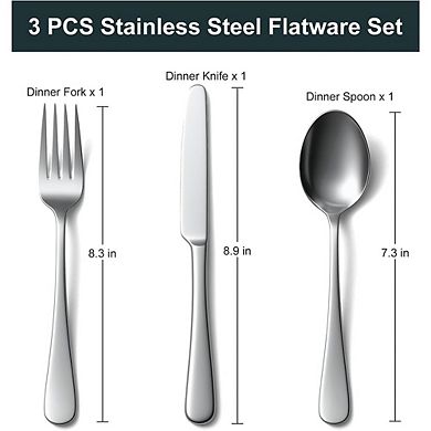 3-Piece Stainless Steel Flatware Set, Rust-Resistant, Dishwasher Safe