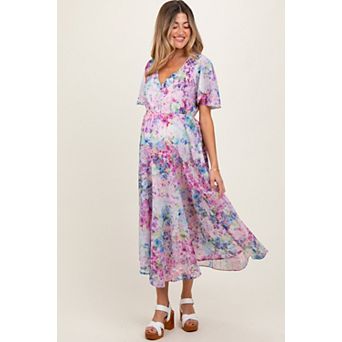 Maternity Pink Watercolor Floral Flutter Sleeve Midi Dress