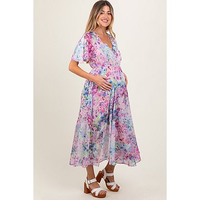 Maternity Pink Watercolor Floral Flutter Sleeve Midi Dress