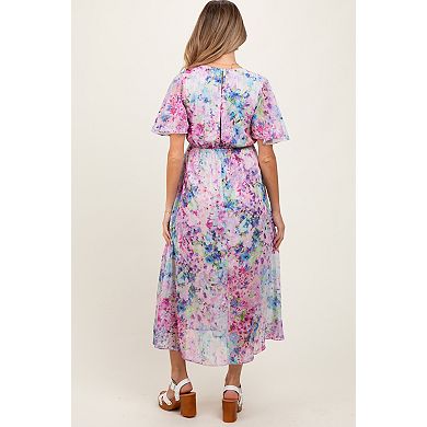 Maternity Pink Watercolor Floral Flutter Sleeve Midi Dress