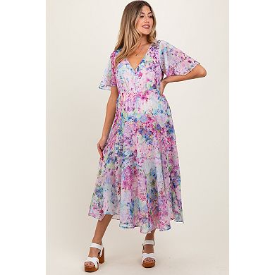 Maternity Pink Watercolor Floral Flutter Sleeve Midi Dress