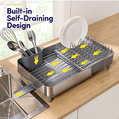 Sweet Home Collection 4-Pc Expandable Dish Drying Rack with Steel Frame and Utensil Holder
