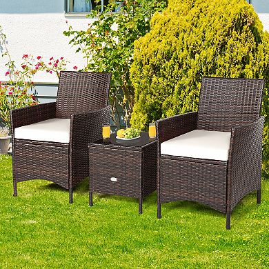 Costway 3PCS Patio Rattan Furniture Set Cushioned Sofa Glass Tabletop Deck
