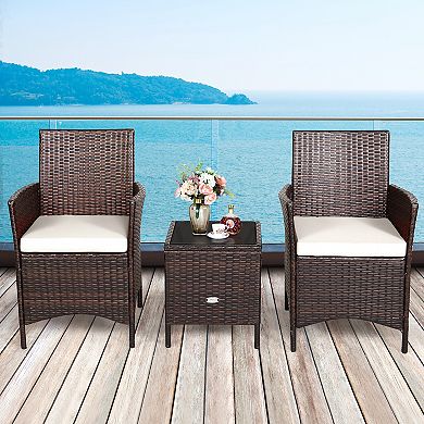 Costway 3PCS Patio Rattan Furniture Set Cushioned Sofa Glass Tabletop Deck