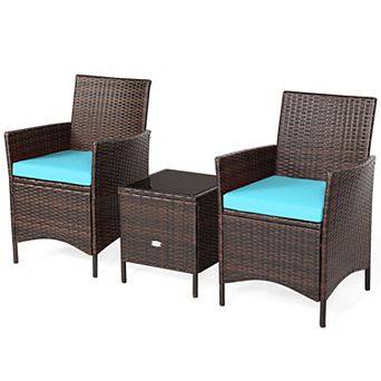 Costway 3 pc Patio Rattan Furniture Set Cushioned Sofa Glass Tabletop Deck