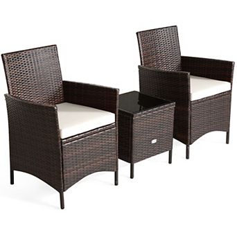 Costway 3 pc Patio Rattan Furniture Set Cushioned Sofa Glass Tabletop Deck