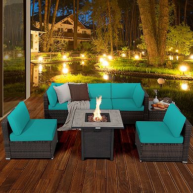 Costway 7PCS Patio Rattan Furniture Set 30'' Fire Pit Table Cover Cushion Sofa