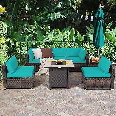 Costway 7PCS Patio Rattan Furniture Set 30'' Fire Pit Table Cover Cushion Sofa