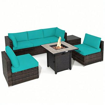 Costway 7 pc Patio Rattan Furniture Set 30'' Fire Pit Table Cover Cushion Sofa