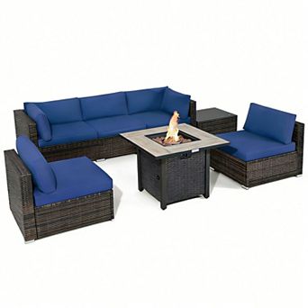 Costway 7 pc Patio Rattan Furniture Set 30'' Fire Pit Table Cover Cushion Sofa