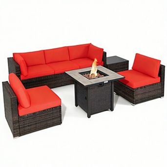 Costway 7 pc Patio Rattan Furniture Set 30'' Fire Pit Table Cover Cushion Sofa
