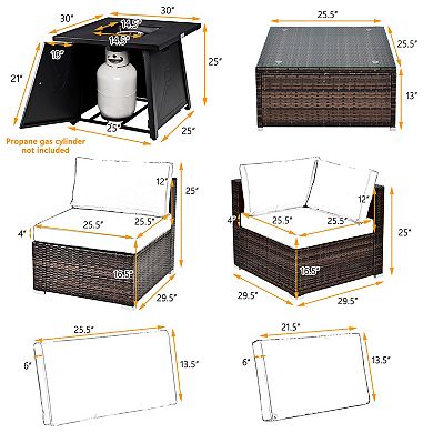 Costway 7PCS Patio Rattan Furniture Set Fire Pit Table Cover Cushion