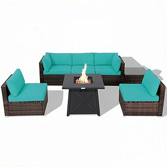 Costway 7 pc Patio Rattan Furniture Set Fire Pit Table Cover Cushion