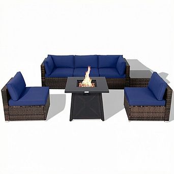 Costway 7 pc Patio Rattan Furniture Set Fire Pit Table Cover Cushion
