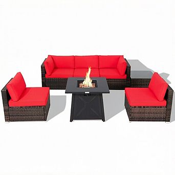 Costway 7 pc Patio Rattan Furniture Set Fire Pit Table Cover Cushion