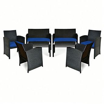 Costway 8 pc Patio Rattan Furniture Conversation Set Cushion Sofa Table Garden