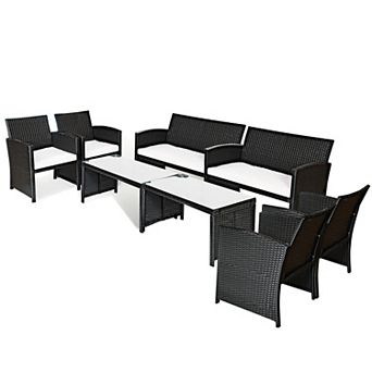 Costway 8 pc Patio Rattan Furniture Conversation Set Cushion Sofa Table Garden