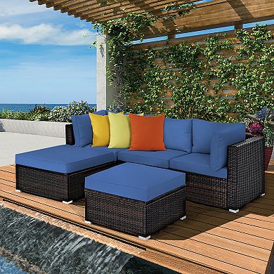 Costway 5PCS Patio Rattan Furniture Set Sectional Conversation Set Ottoman Table