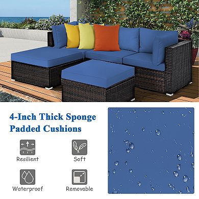 Costway 5PCS Patio Rattan Furniture Set Sectional Conversation Set Ottoman Table