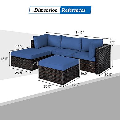 Costway 5PCS Patio Rattan Furniture Set Sectional Conversation Set Ottoman Table