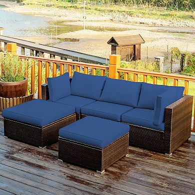 Costway 5PCS Patio Rattan Furniture Set Sectional Conversation Set Ottoman Table
