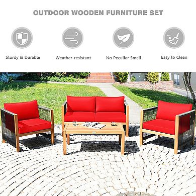 Costway 4 PCS Acacia Wood Patio Conversation Set w/Cushions for Garden