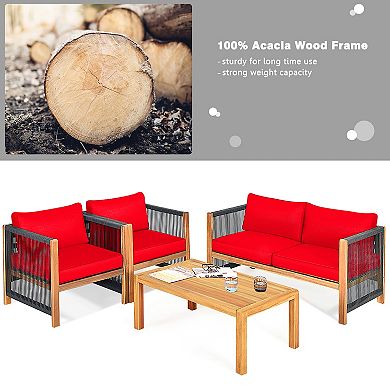 Costway 4 PCS Acacia Wood Patio Conversation Set w/Cushions for Garden