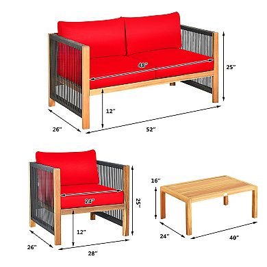 Costway 4 PCS Acacia Wood Patio Conversation Set w/Cushions for Garden