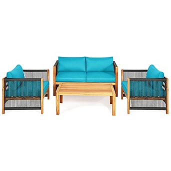 Costway 4 pc Acacia Wood Patio Conversation Set w/Cushions for Garden