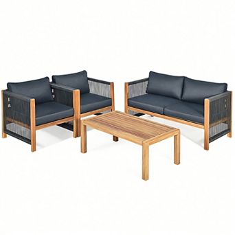 Costway 4 pc Acacia Wood Patio Conversation Set w/Cushions for Garden