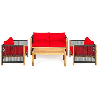 Costway 4 pc Acacia Wood Patio Conversation Set w/Cushions for Garden