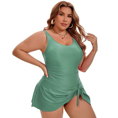 Women's Plus Size Swimdress Scoop Neck Tummy Control Tie Knot Side Beach Vacation Bathing Suits