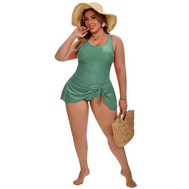 Women's Plus Size Swimdress Scoop Neck Tummy Control Tie Knot Side Beach Vacation Bathing Suits
