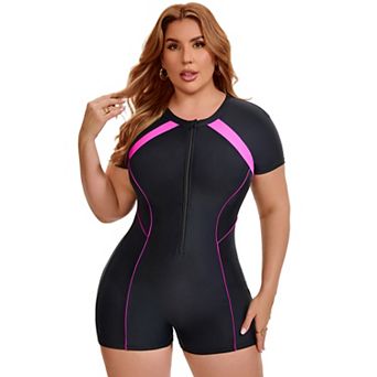 Women's Plus Size 1 pc Surfing Swimwear Boyleg Guard Short Sleeve Half Zipper Beach Swimsuit