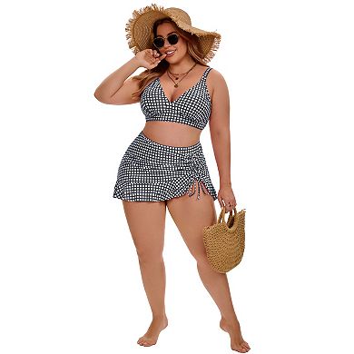 Women's Plus Size Bikini High Waisted Tummy Control Push Up Shirring Tie Knot Two Piece Swimsuit