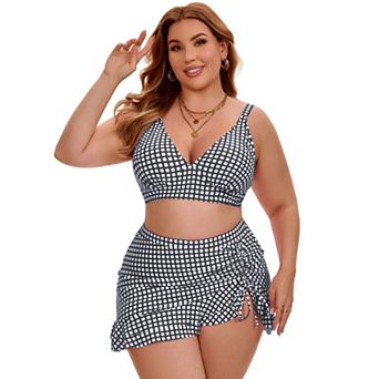 Women's Plus Size Bikini High Waisted Tummy Control Push Up Shirring Tie Knot Two Piece Swimsuit