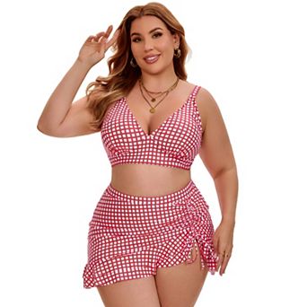 Women's Plus Size Bikini High Waisted Tummy Control Push Up Shirring Tie Knot Two Piece Swimsuit