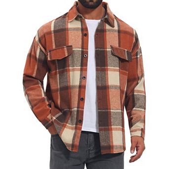 Men's Vintage Shirts Long Sleeve Button Down Brushed Plaid Shirt Jacket