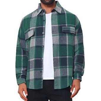 Men's Vintage Shirts Long Sleeve Button Down Brushed Plaid Shirt Jacket