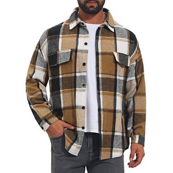 Men's Vintage Shirts Long Sleeve Button Down Brushed Plaid Shirt Jacket