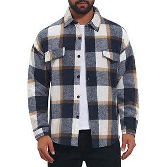 Men's Vintage Shirts Long Sleeve Button Down Brushed Plaid Shirt Jacket