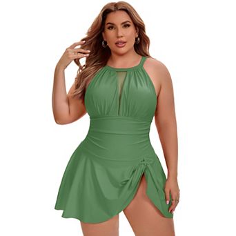 Women's Plus Size 1 pc Swimwear Halter Mesh Sheer Tie Knot Swimsuit Tummy Control Push Up Swimwear