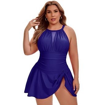 Women's Plus Size 1 pc Swimwear Halter Mesh Sheer Tie Knot Swimsuit Tummy Control Push Up Swimwear